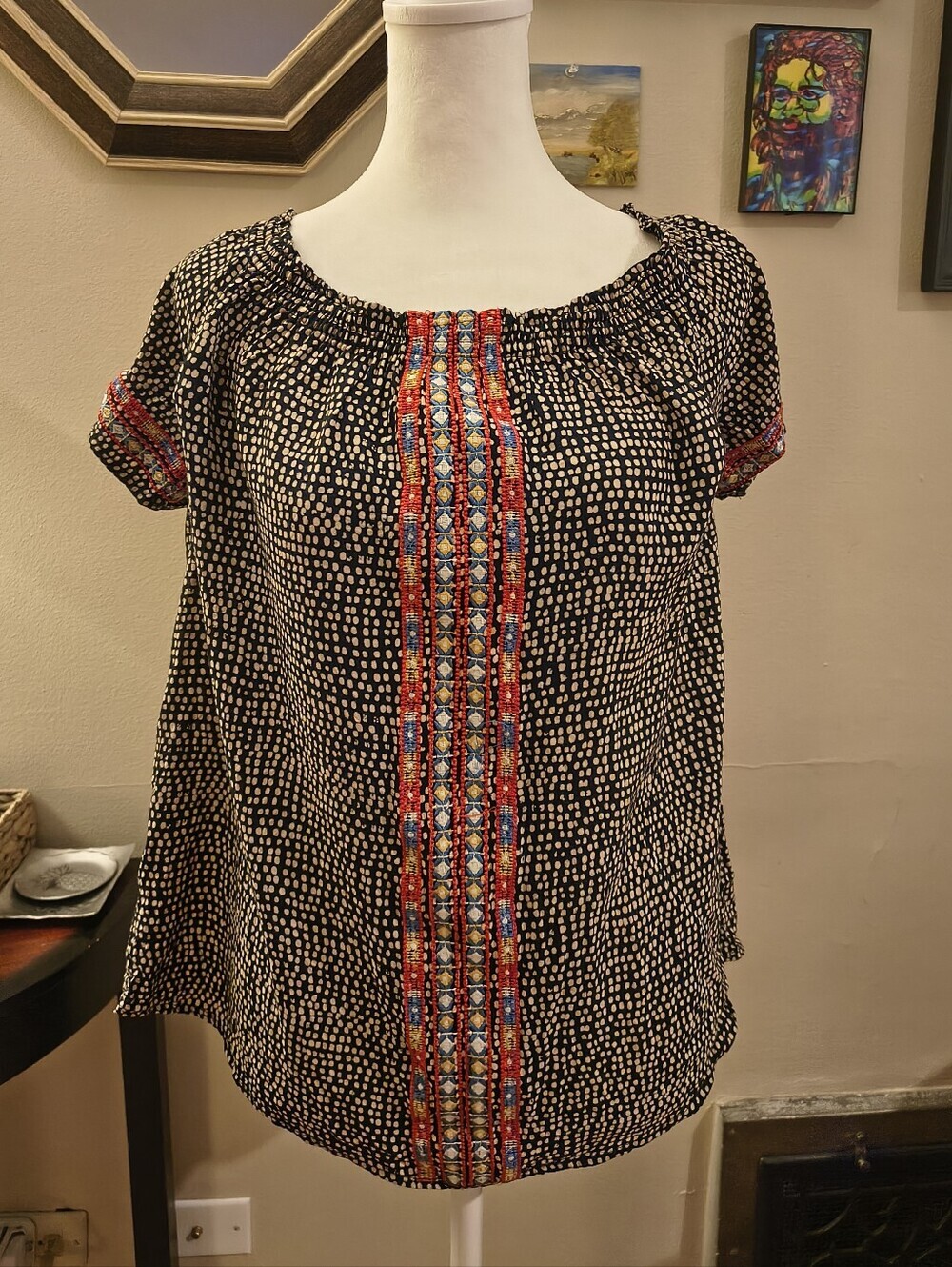 THML Medium Black Dot Embroidered Top Off The Shoulder Comfy